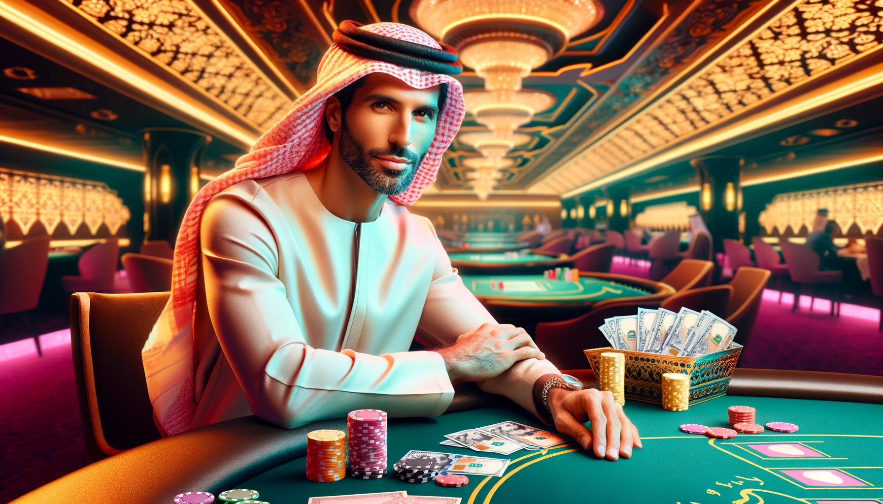 DALL·E 2024-03-27 10.39.22 - Create a realistic image of an Arabian style casino interior, illuminated with a color palette that includes a vibrant coral (#fb7756), a soft yellow